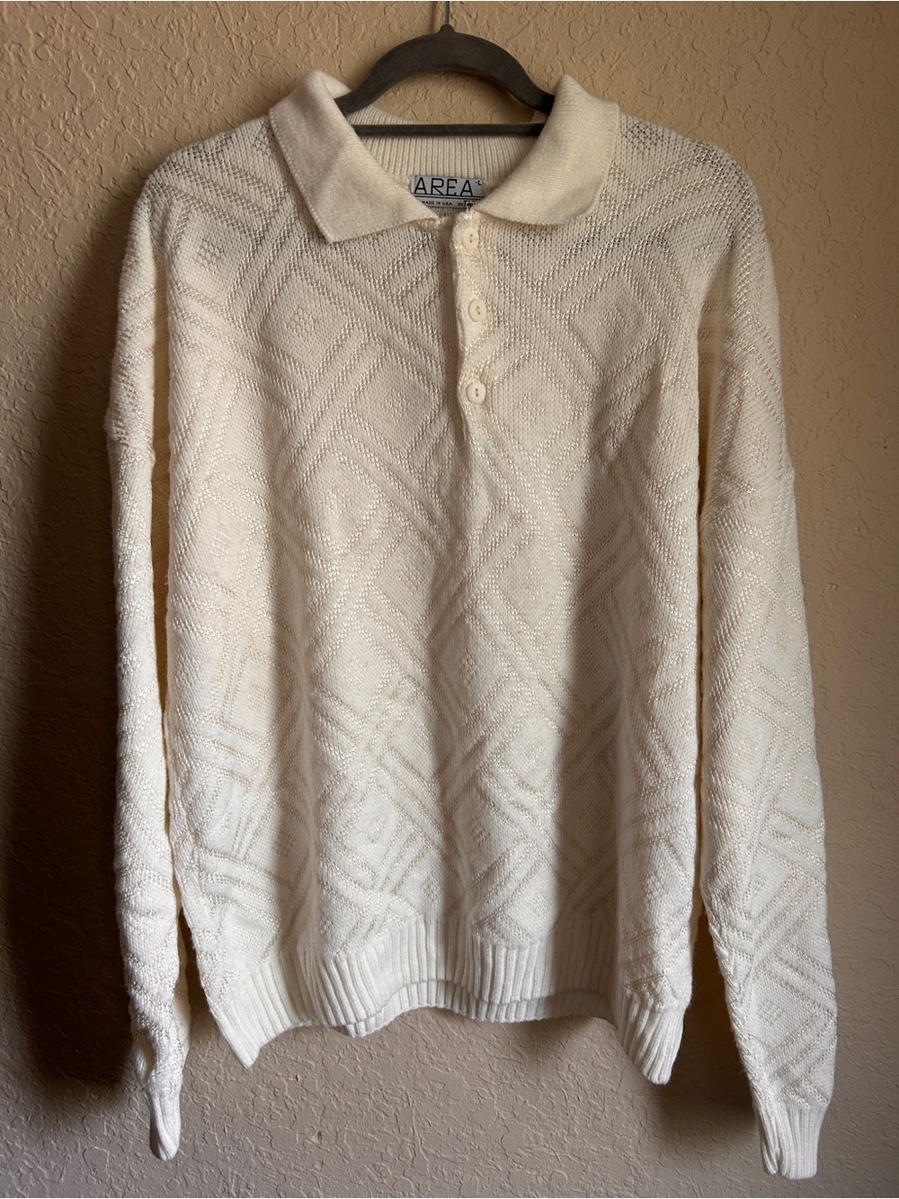 AREA by TAG Cream Textured Knit Polo Crewneck Sweater
